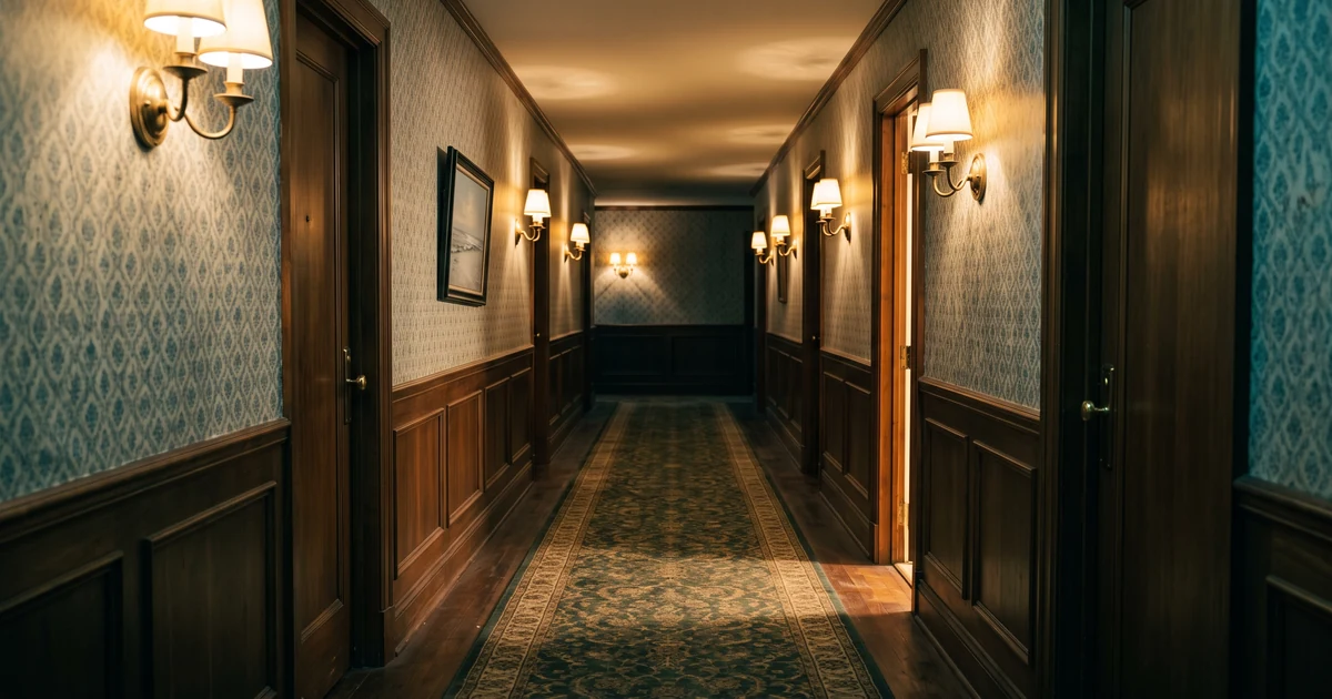 An empty old hotel corridor at night, warm wall lamps glowing and one guest room door left ajar