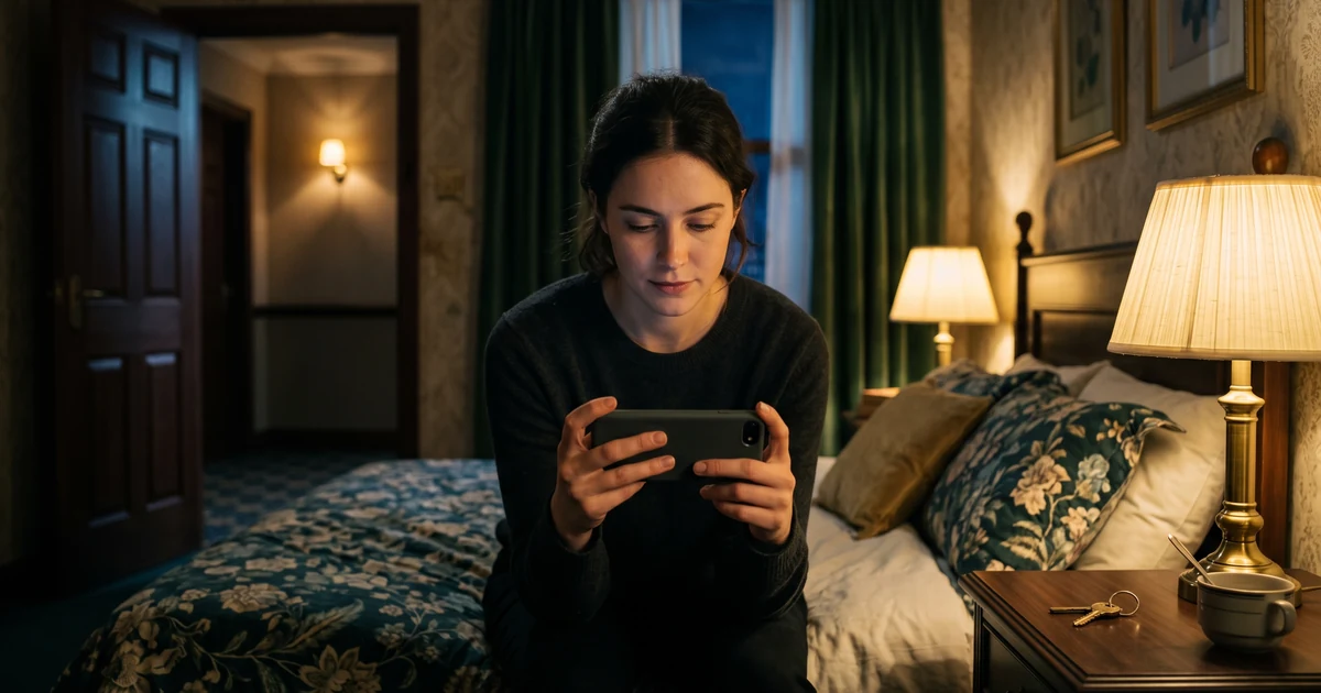 A guest sits on a hotel bed at night under a brass lamp, holding a phone sideways in both hands